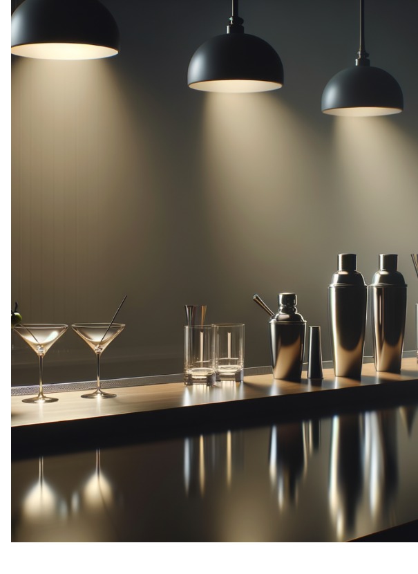 Warm bar setup with lamps and glassware